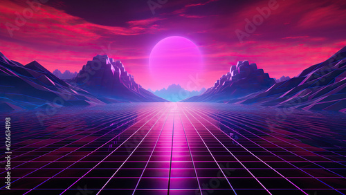 Fotografie, Obraz Synthwave landscape with neon grid, futuristic mountains, and sunset, vintage re