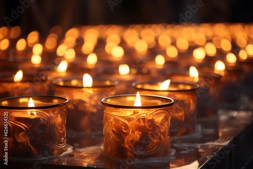 Rows of votive candles with flickering flames and smoke wisps