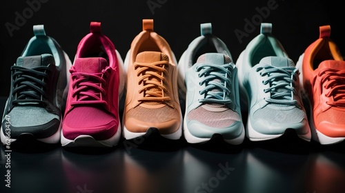 A row of trendy sneakers and athletic shoes in different colors. created with Generative AI technology photo