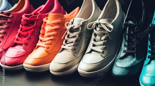 A row of trendy sneakers and athletic shoes in different colors. created with Generative AI technology