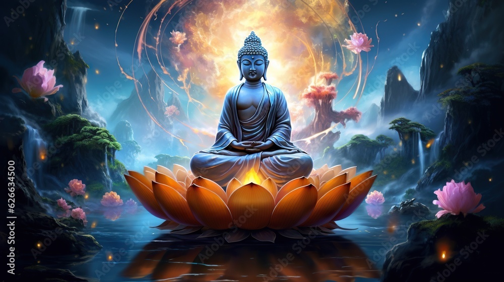 Meditating buddha statue in lotus pose, peaceful spiritual healing art