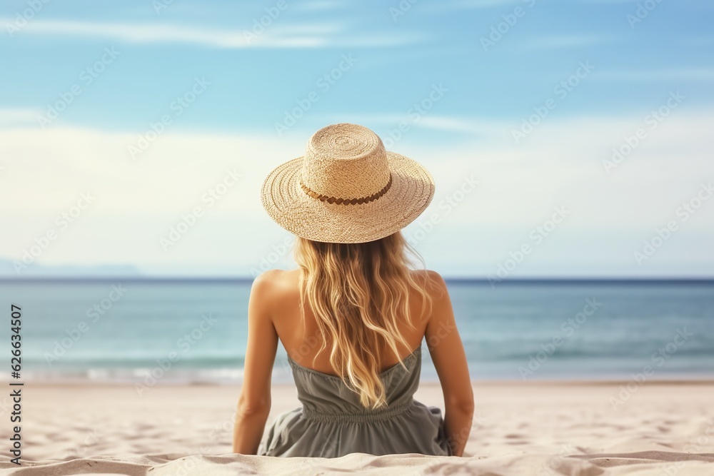 Summer beach vacation, woman in stylish boho hat, relaxing by the caribbean sea, enjoying sun, tropical resort, freedom and leisure, beautiful sunny lifestyle, trendy travel