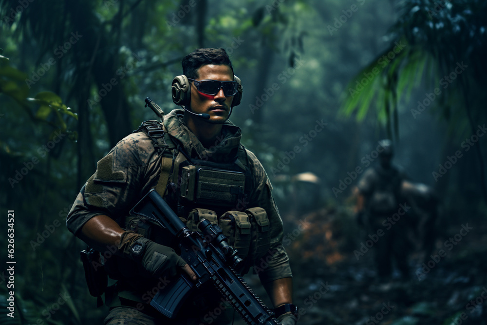 US Army Marine in full uniform and tactical gear in the jungle. AI generated.