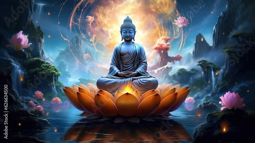 Meditating buddha statue in lotus pose  peaceful spiritual healing art