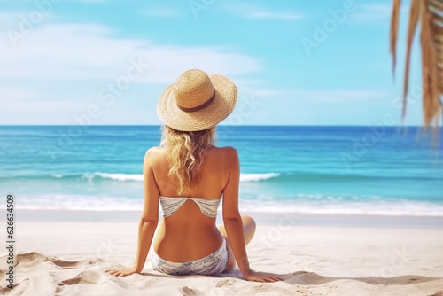 Summer beach vacation, woman in stylish boho hat, relaxing by the caribbean sea, enjoying sun, tropical resort, freedom and leisure, beautiful sunny lifestyle, trendy travel