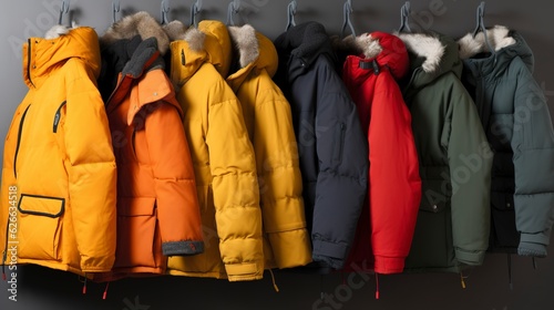 A row of winter coats and jackets in different sizes. created with Generative AI technology