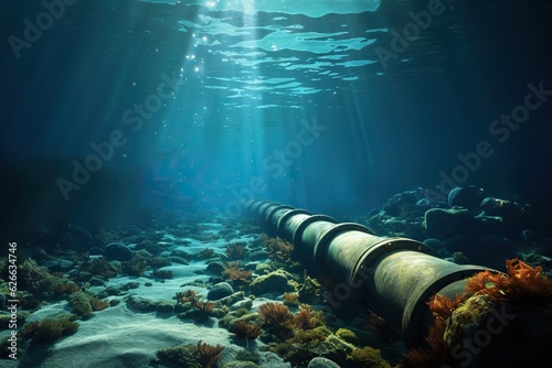 Underwater pipeline for oil and gas transport, subsea industry equipment at sea bottom, metal conduit in blue ocean, petroleum production and energy supply technology
