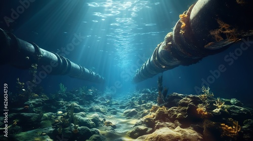 Underwater pipeline for oil and gas transport, subsea industry equipment at sea bottom, metal conduit in blue ocean, petroleum production and energy supply technology