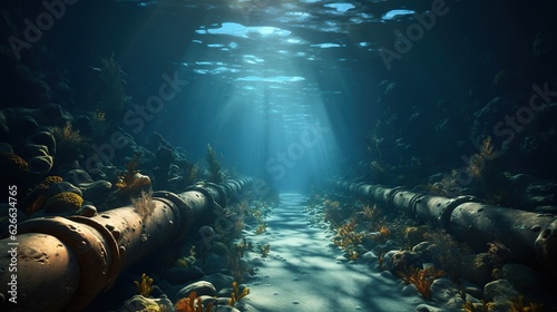 Underwater pipeline for oil and gas transport, subsea industry equipment at sea bottom, metal conduit in blue ocean, petroleum production and energy supply technology © iridescentstreet