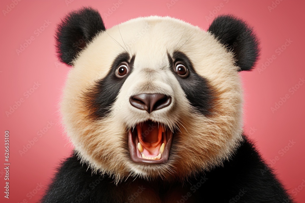 Shocked panda with big eyes isolated on pink background, funny animal expression, cute and surprised face