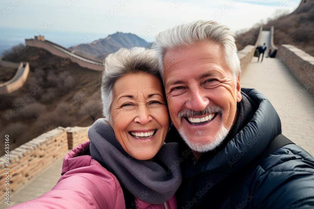 A happy elderly tourist couple take a selfie in China with the Great Wall in the background. Travel retirement concept. AI generated.