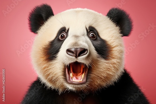 Shocked panda with big eyes isolated on pink background, funny animal expression, cute and surprised face