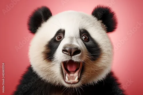 Obraz Shocked panda with big eyes isolated on pink background, funny animal expression, cute and surprised face