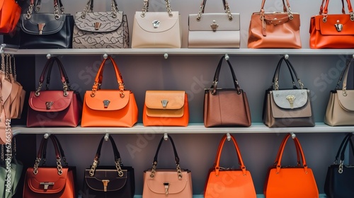A selection of trendy handbags and purses on a shelf. created with Generative AI technology photo