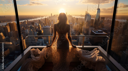 Successful woman standing on luxury balcony, back view of rich female silhouette at sunset in New York city