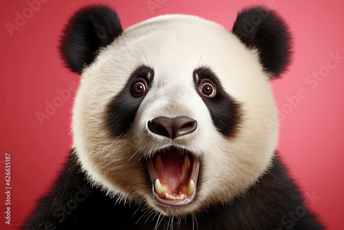 Shocked panda with big eyes isolated on pink background, funny animal expression, cute and surprised face