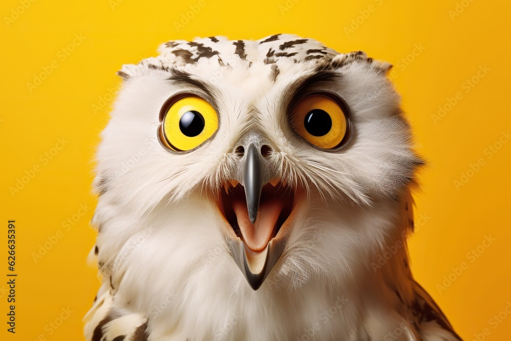 Fototapeta premium Studio portrait of surprised owl, isolated on yellow background