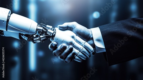 Man shaking hands with robot, showcasing partnership in technology, artificial intelligence and business, handshake with futuristic bionic hand