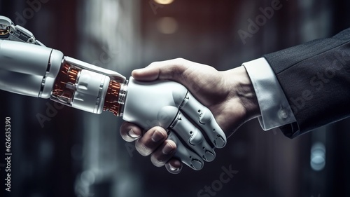 Man shaking hands with robot, showcasing partnership in technology, artificial intelligence and business, handshake with futuristic bionic hand