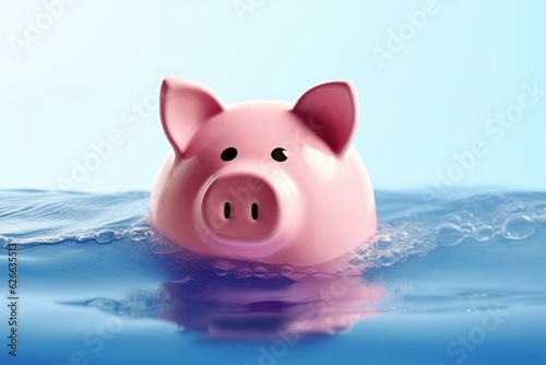 Piggy bank drowning in debt, concept of bankruptcy and losing money