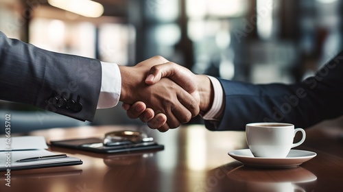 Business handshake, two corporate men shaking hands, making a deal in office