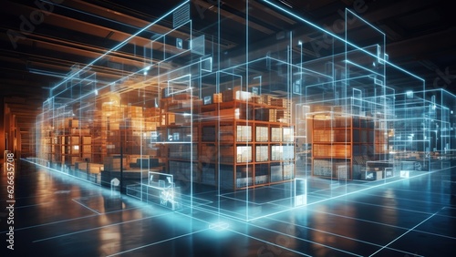 Futuristic digital warehouse using augmented reality: smart logistics, ecommerce and delivery concept in modern industry