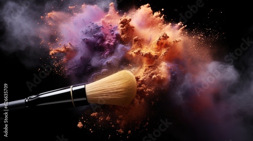Makeup brush with pink and purple powder explosion: colourful beauty splash, closeup of cosmetic product burst photo