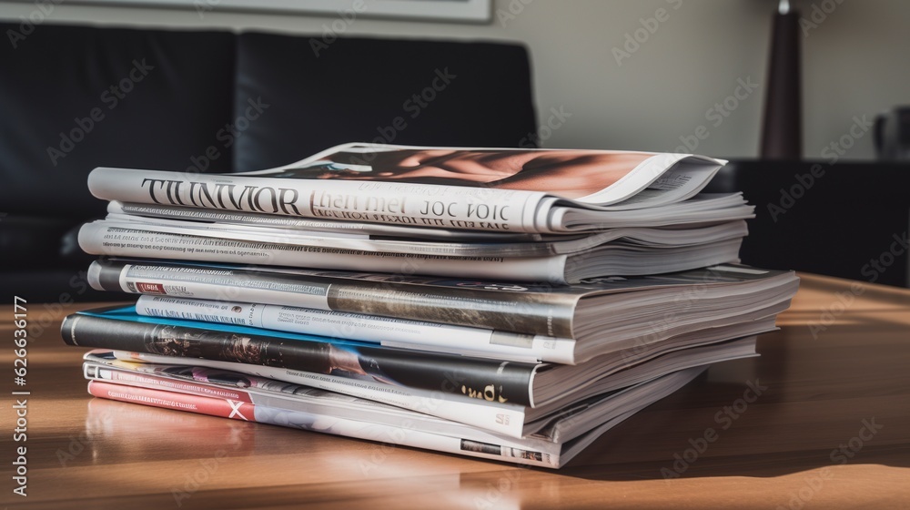 A stack of fitness magazines and books on a coffee table. created with Generative AI technology A stack of fitness magazines and books on a coffee table. created with Generative AI technology