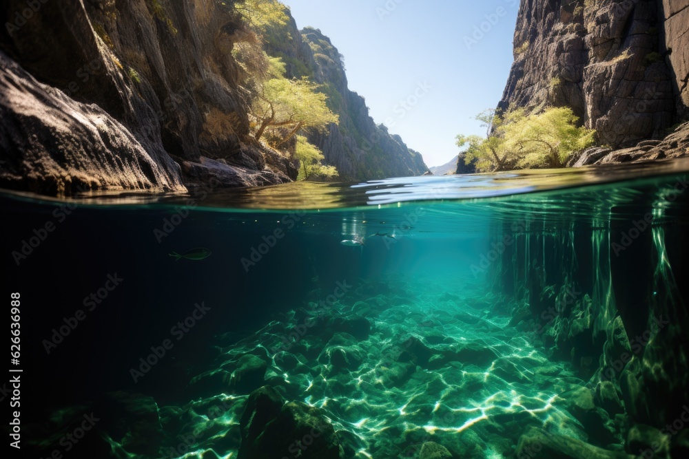Obraz premium The water is clear and the rocks are in the water. Transparent lake, split frame, over water and under water.