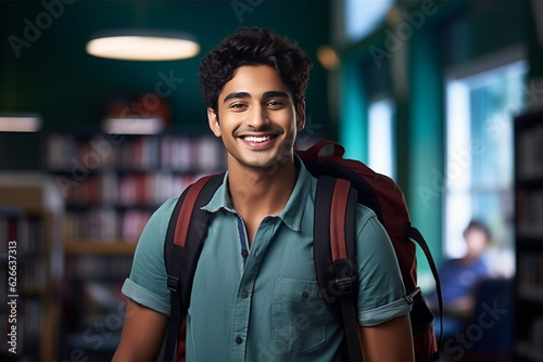 Young smiling indian student standing in univesity hall. High quality photo