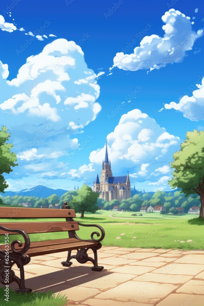 A bench in a park with a castle in the background. A bench in a park with a castle in the background.