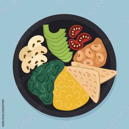 Illustration of healthy vegetarian breakfast with omelette, avocado, spinach and mushrooms on plates in flat style. Plate top view.