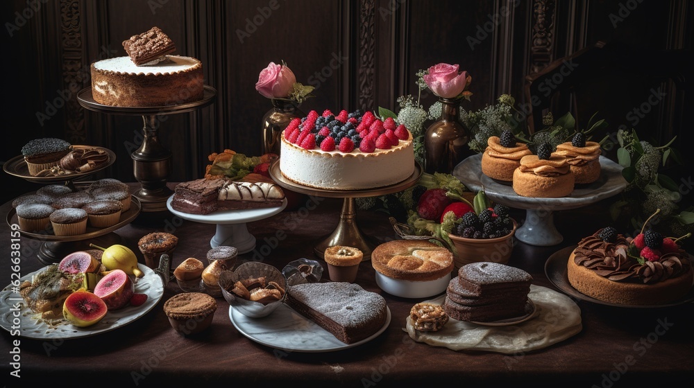 A table adorned with delectable desserts like cakes, pastries, and tarts. created with Generative AI technology