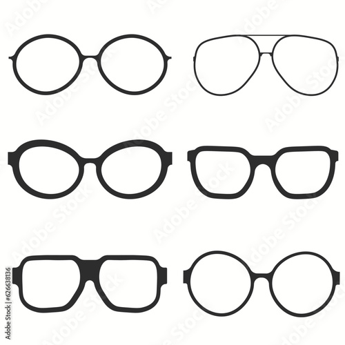 Black glasses rim. Eyeglasses and sunglasses collection vector illustration. Vintage, classic and modern style glasses rim silhouette.