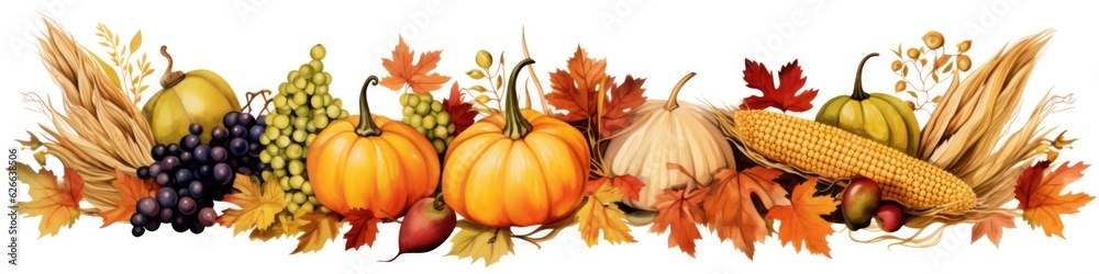 A group of fruits and vegetables are arranged in a row. Thanksgiving clipart on white background.