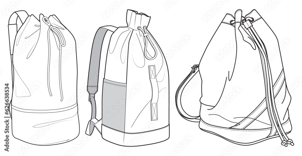 Set of drawstring Backpack bag flat sketch fashion illustration drawing