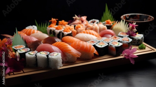 A tray of appetizing sushi rolls and sashimi pieces arranged in an artistic manner. Created with AI Technology