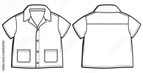 Baby boy Shirt design flat sketch fashion illustration vector template with front and back view, Toddler kids woven button up Shirt cad drawing mock up