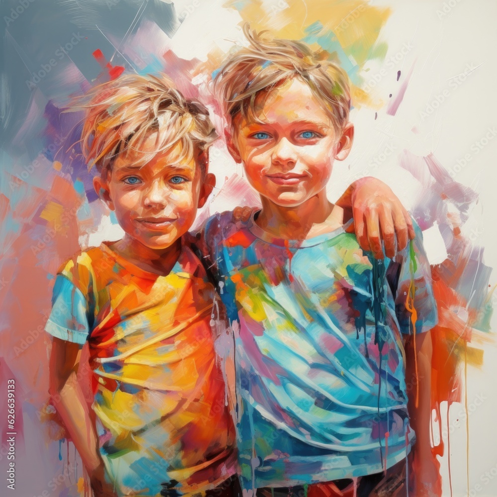A painting of two boys standing next to each other. Digital image.