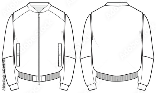 Bomber jacket design flat sketch Illustration front and back view vector template, Winter Jacket for men and women