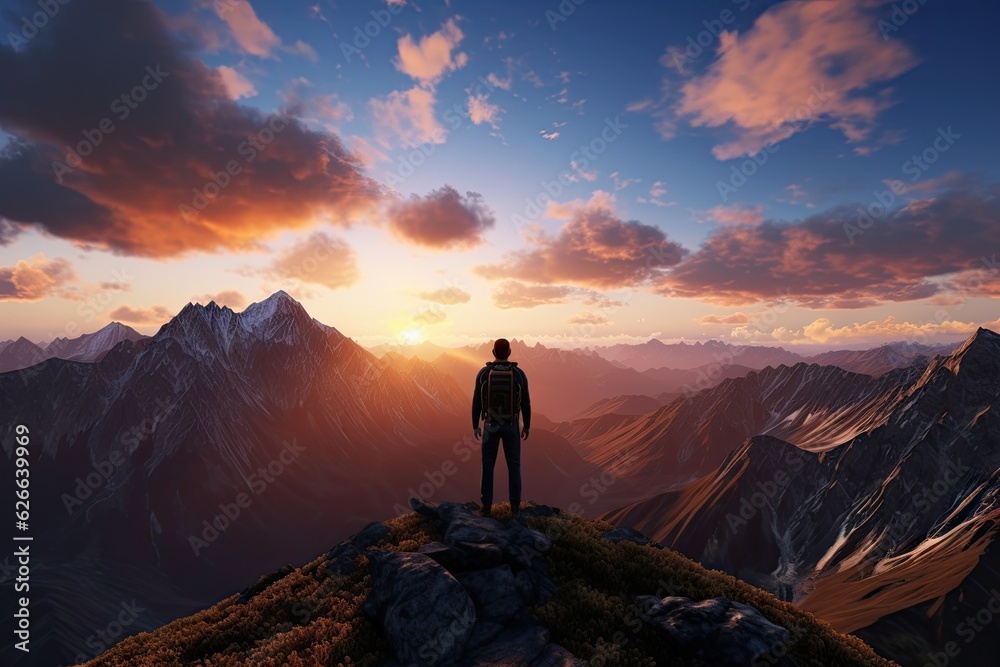 Hiker at the summit of a mountain overlooking a stunning view. Apex silhouette cliffs and valley landscape at sunset. Hiker at the summit of a mountain overlooking a stunning view. Apex silhouette cliffs and valley landscape at sunset.