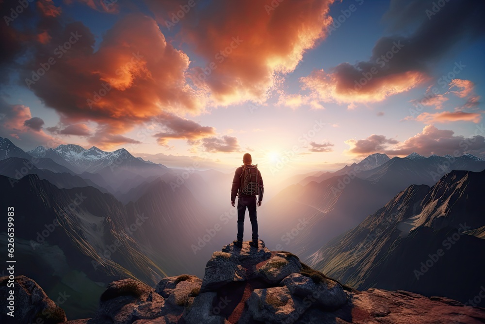 Hiker at the summit of a mountain overlooking a stunning view. Apex silhouette cliffs and valley landscape at sunset.