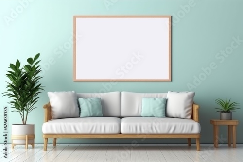 A living room with a couch and a plant. Mockup for your art project  poster  illustration or lettering.