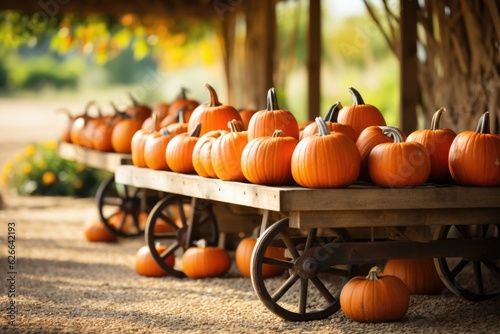 A wooden cart filled with lots of pumpkins. Harvest time, Thanksgiving decor.