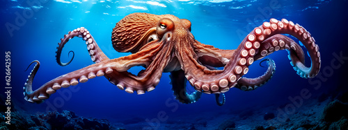 octopus in the blue underwater world of the ocean, banner made with Generative AI photo