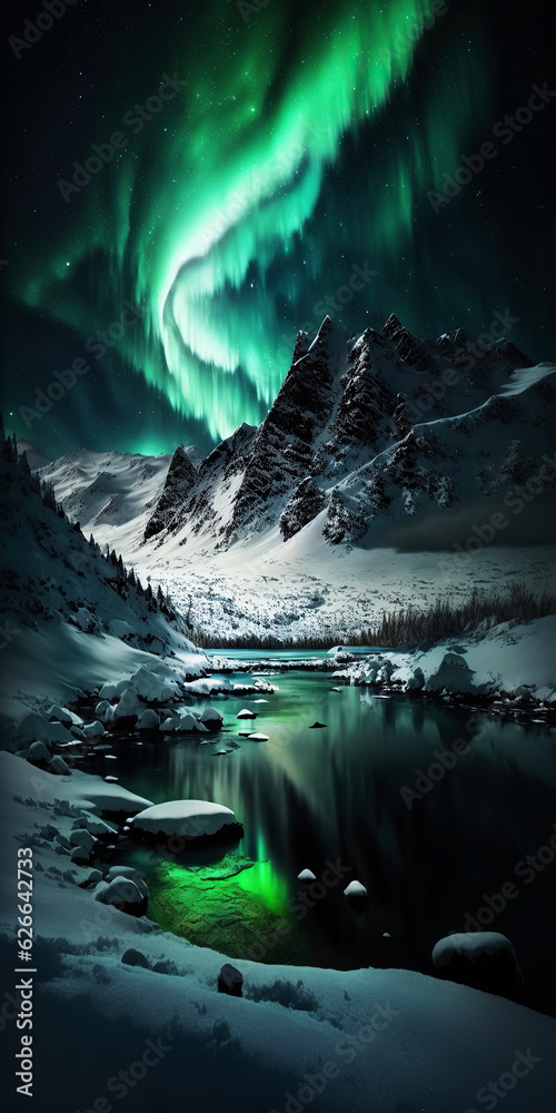 ai generated illustration stream running through a forest filled with snow with aurora light