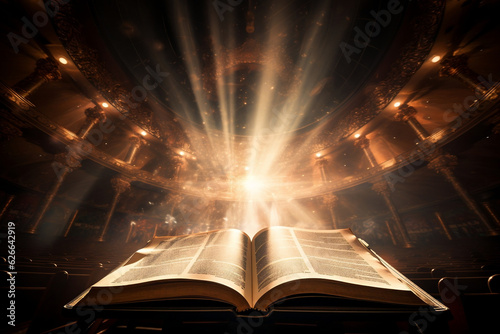Obraz na plátně Angled overhead shot of a bible open on a pulpit with shafts of light