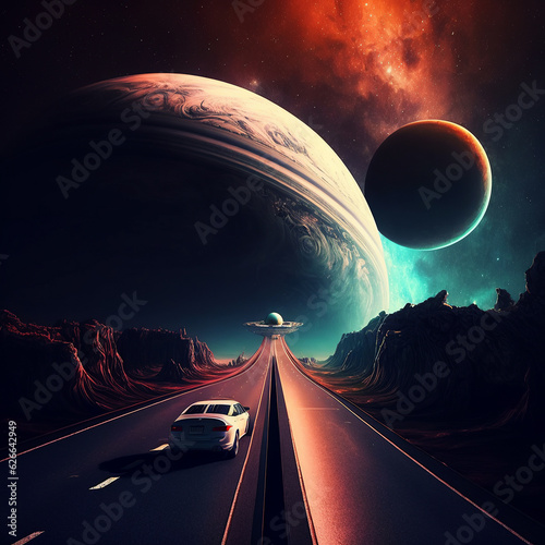 ai generated illustration car on the highway universe as background