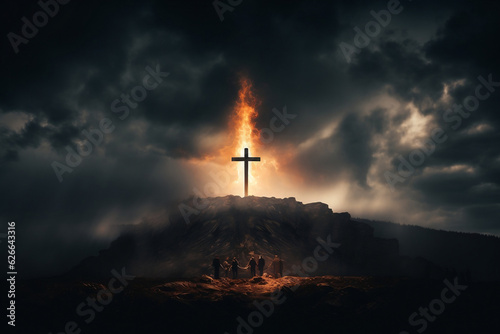 Low angle view of a glowing cross against a dark dramatic sky