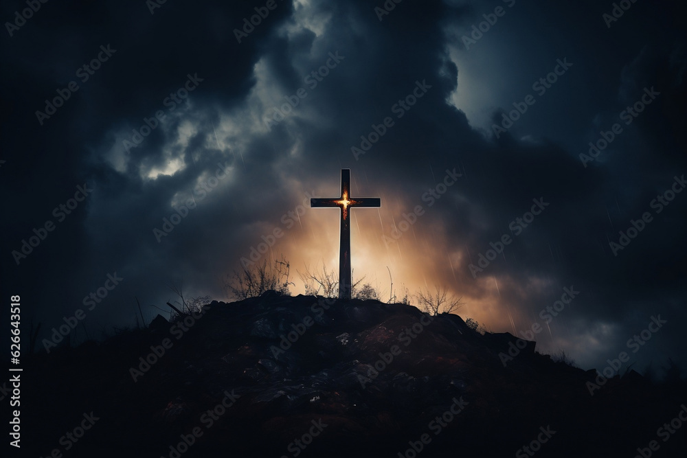 Low angle view of a glowing cross against a dark dramatic sky